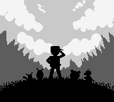 pokemon trainer surrounded by their pokemon on top of a hill looking at the forest